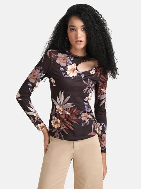 kazo brown floral print a-line top