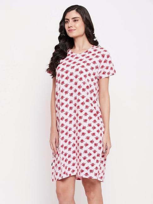 clovia white & pink printed night dress