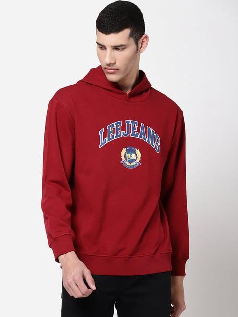 lee maroon comfort fit printed hooded sweatshirt