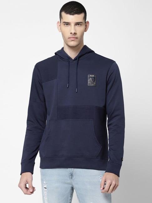 wrangler navy regular fit logo printed hooded sweatshirt