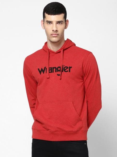 wrangler red regular fit printed hooded sweatshirt