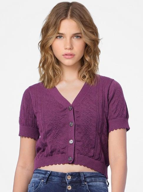 only purple v neck crop cardigan