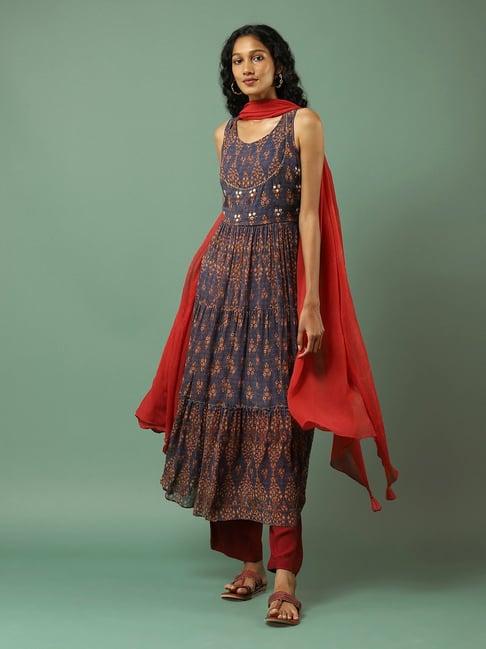 aarke ritu kumar blue printed anarkali kurta with pant & dupatta