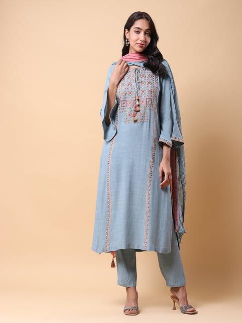 aarke ritu kumar blue embroidered kurta with pant and dupatta