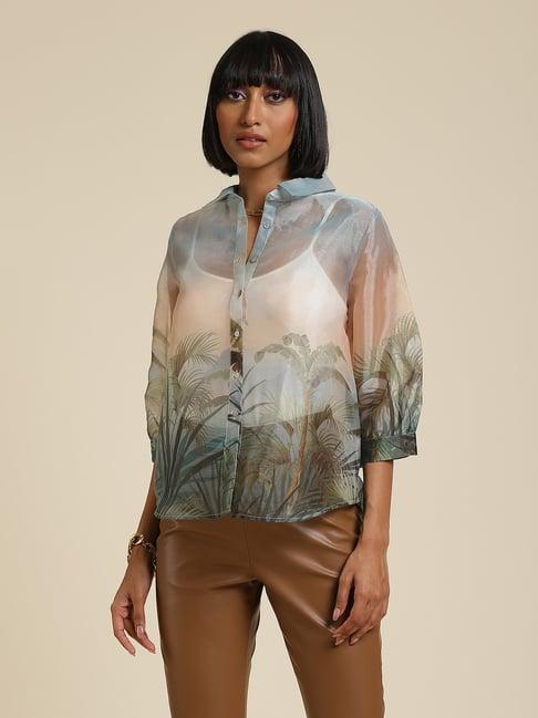 label ritu kumar ecru printed shirt with camisole