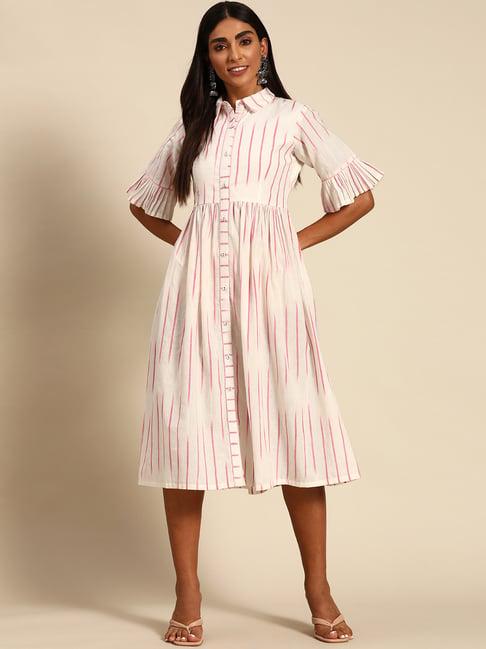 gerua off-white cotton striped a-line dress