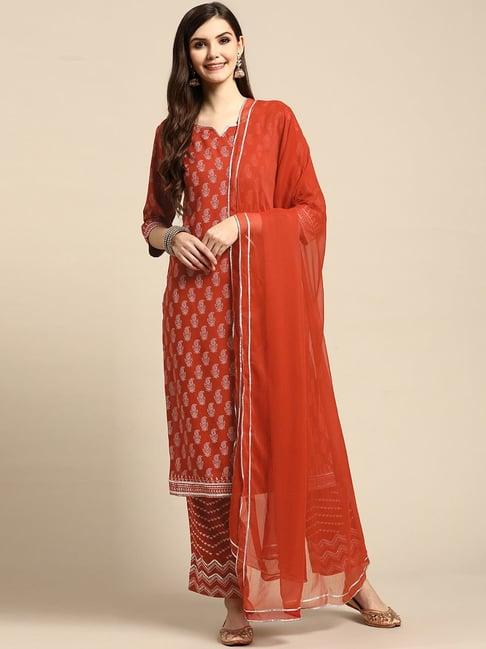 gerua red floral print kurta pant set with dupatta