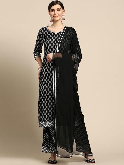 gerua black floral print kurta pant set with dupatta