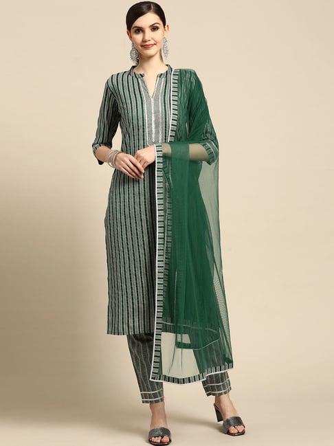 gerua green striped kurta pant set with dupatta