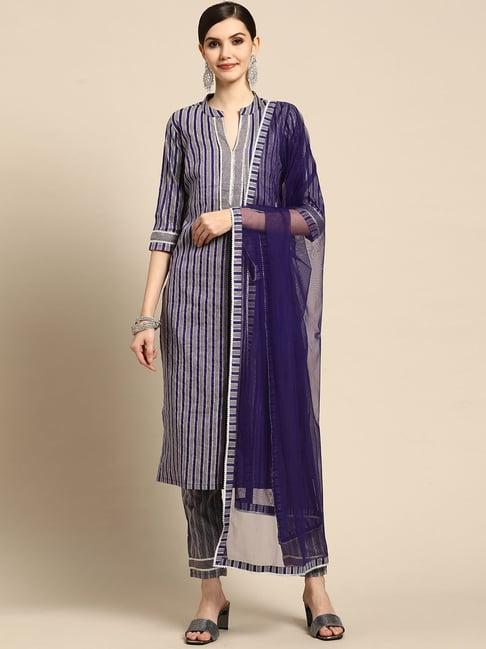 gerua purple striped kurta pant set with dupatta