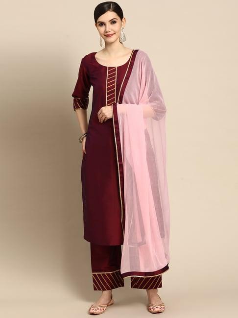 gerua maroon kurta palazzo set with dupatta