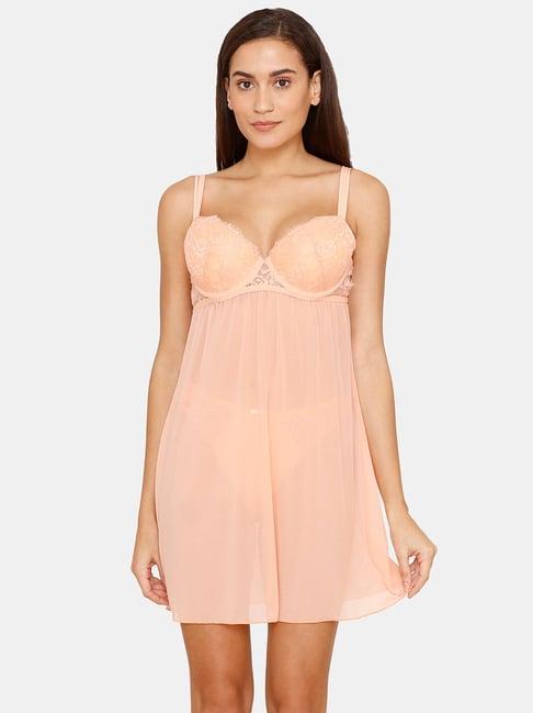 zivame peach lace babydoll with thongs