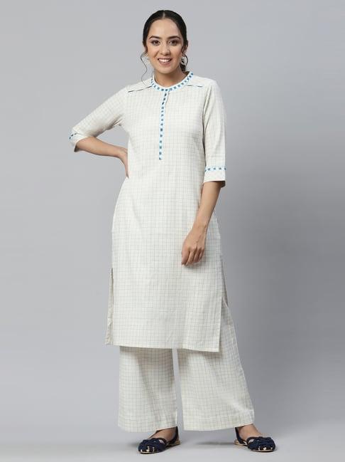 aurelia women off white geometric print cotton blend kurta set with palazzos