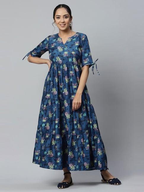 blue floral print ankle length dress