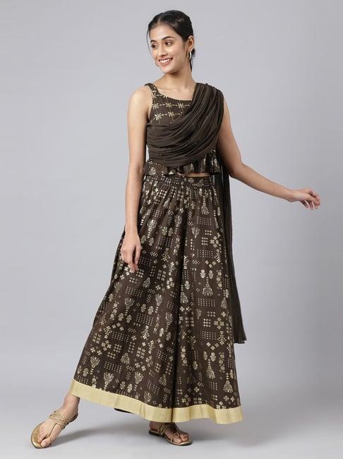 aurelia brown embroidered top palazzo set with dupatta