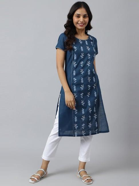 aurelia navy blue cotton embroidered straight kurta