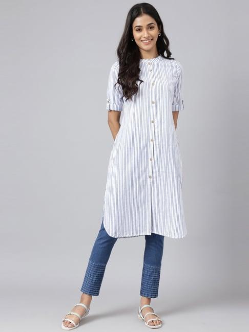 aurelia white cotton striped straight kurta