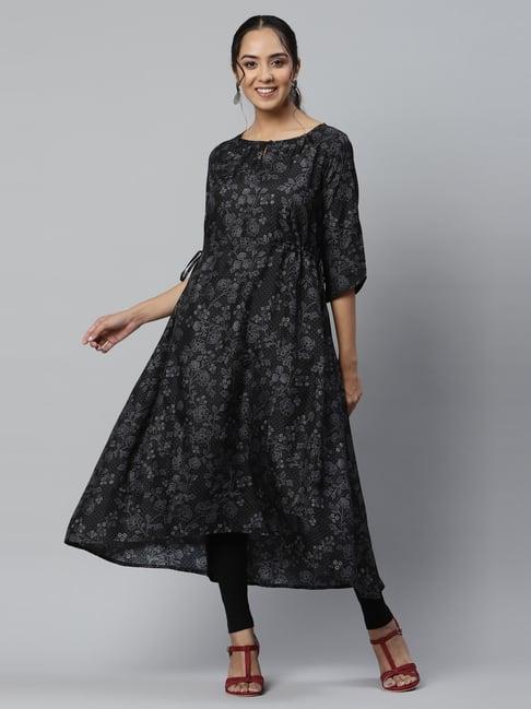 aurelia black floral print a line kurta