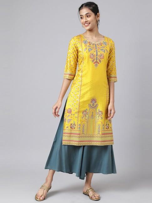 aurelia yellow floral print straight kurta