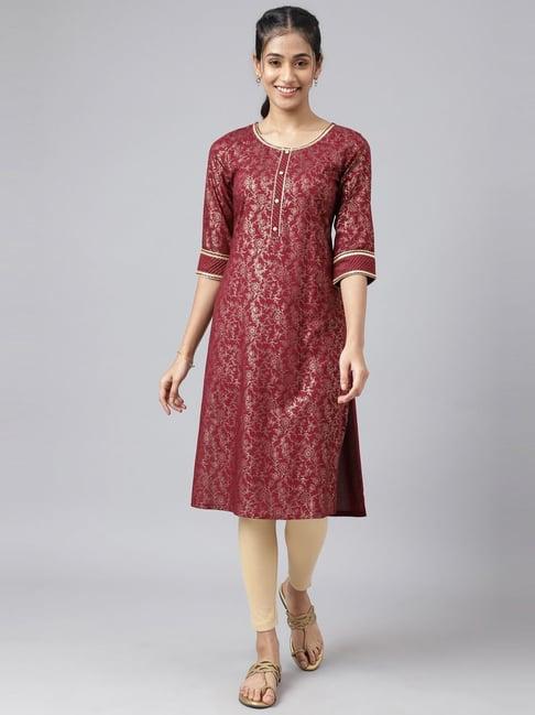 aurelia maroon floral print straight kurta