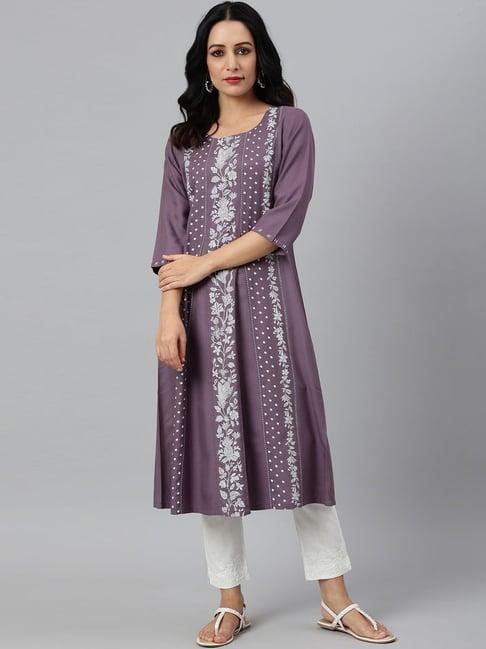 w dusky purple floral print a line kurta