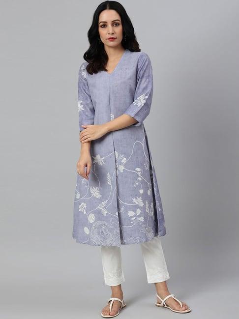 w blue floral print a line kurta