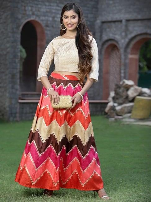 juniper coral silk crepe striped print lehenga choli set