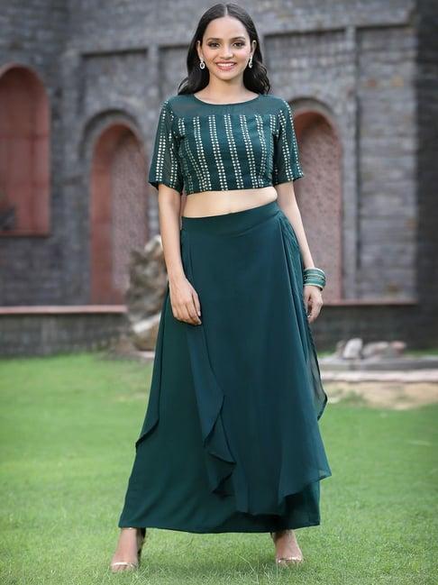 juniper emerald green georgette co-ord set with thread & sequins embroidery