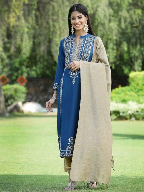 juniper blue printed straight kurta with dupatta