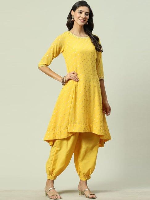 biba yellow printed kurta dhoti pant set