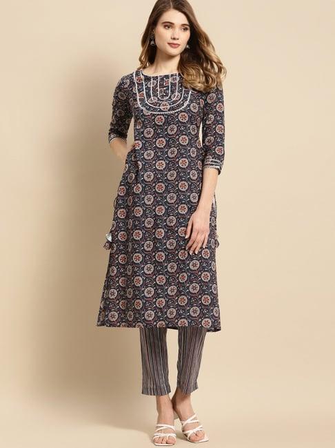 rangmayee navy cotton printed kurta pant set