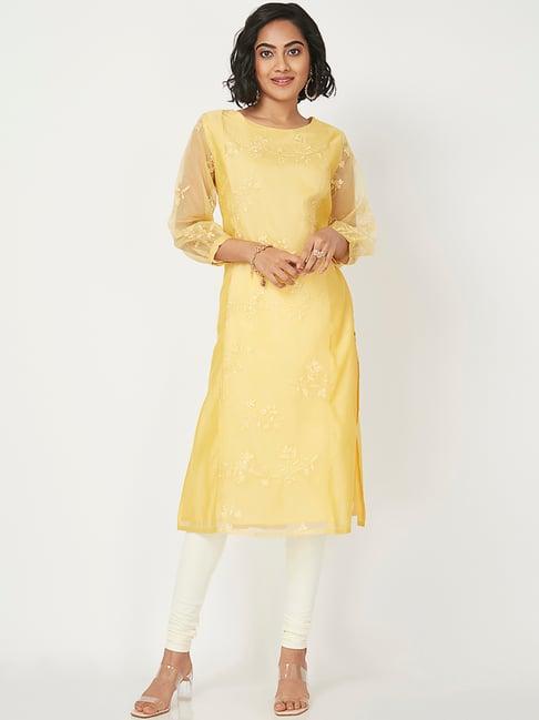 nylangan yellow embroidered straight kurta