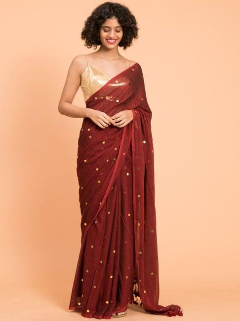 suta maroon cotton embellished saree without blouse