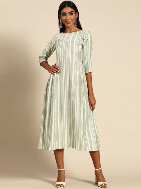 gerua green cotton striped a-line dress