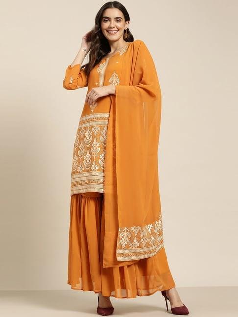 jompers orange floral print kurta sharara set with dupatta