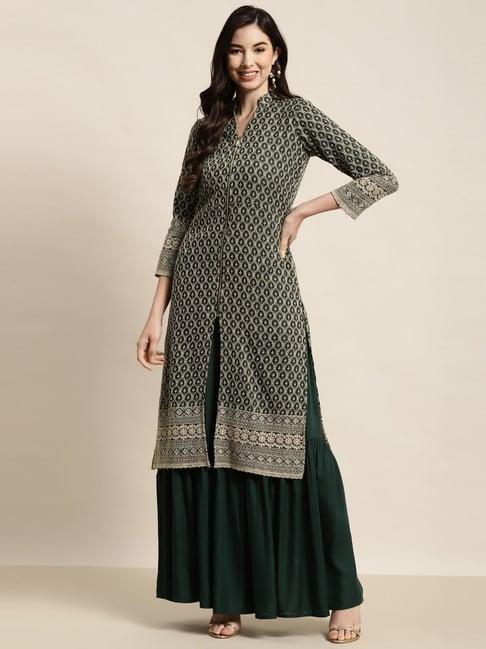 jompers green embroidered kurta sharara set