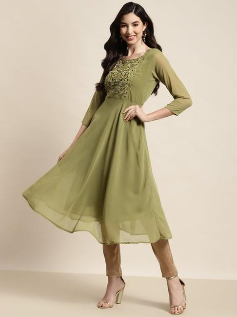 jompers green floral print a line kurta