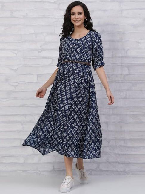 rangriti blue printed a-line dress