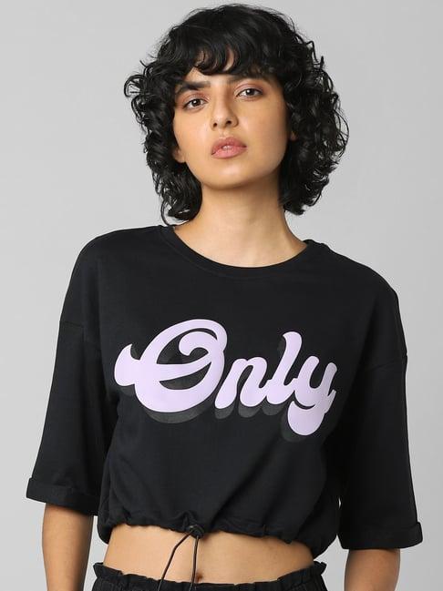 only black graphic print crop top