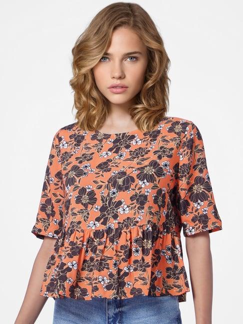 only orange & brown floral print peplum top