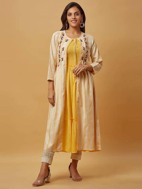 urban mystic cream embroidered a line kurta with shrug