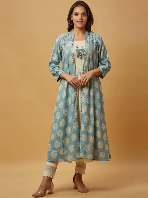 urban mystic sky blue & off-white printed a line kurta with shrug