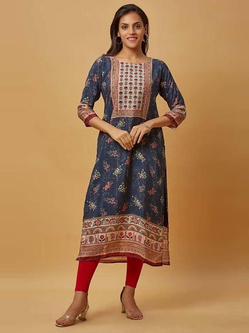 urban mystic blue printed straight kurta with dupatta