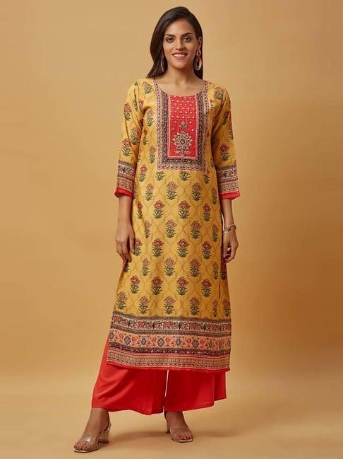 urban mystic yellow embroidered straight kurta with dupatta