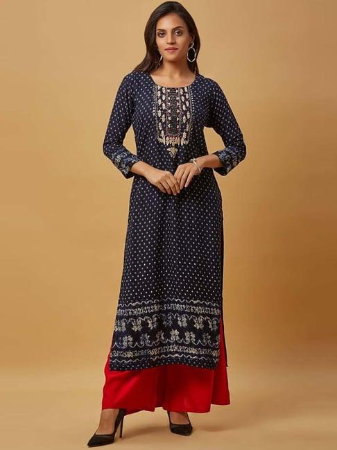 urban mystic navy embroidered straight kurta