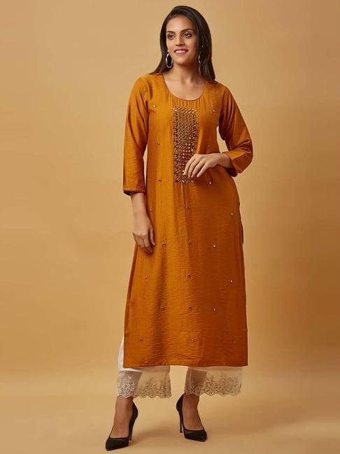 urban mystic brown cotton embroidered straight kurta