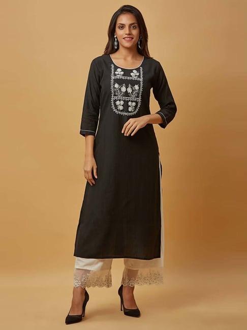 urban mystic black embroidered straight kurta