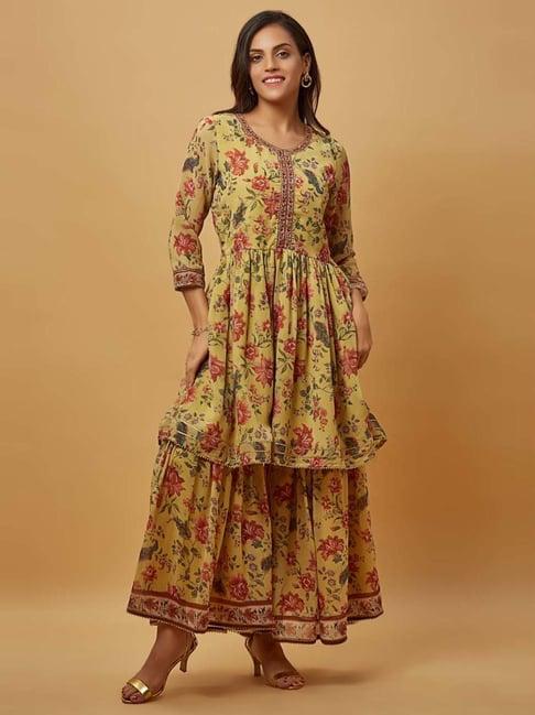 urban mystic yellow embroidered kurta sharara set with dupatta