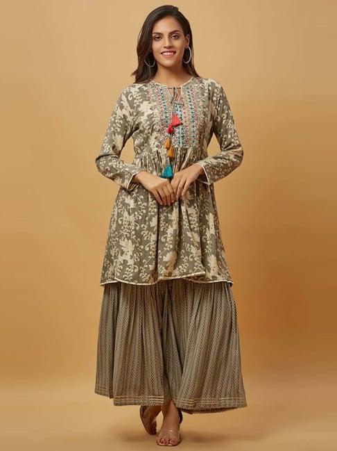 urban mystic grey embroidered kurti sharara set with dupatta