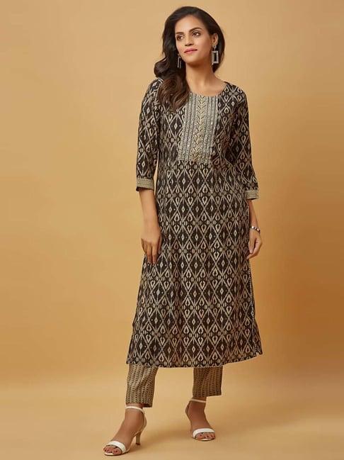 urban mystic black & beige embroidered kurta pant set with dupatta